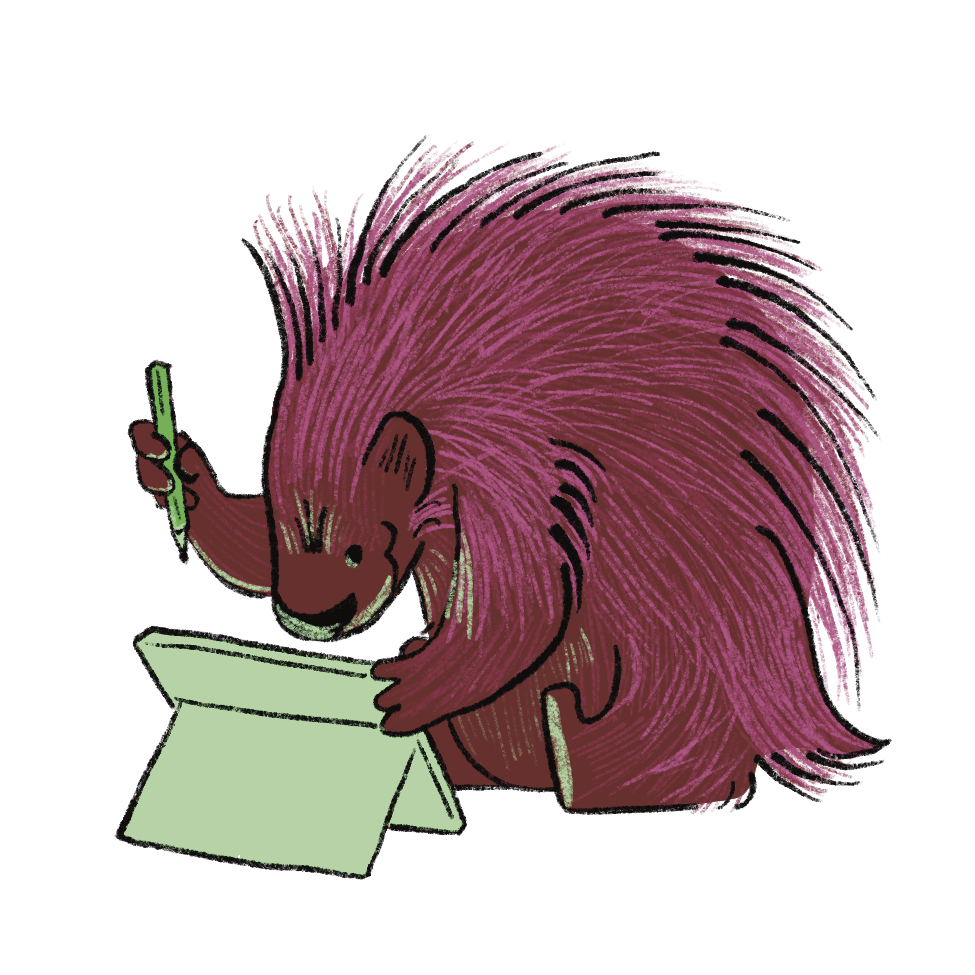 Sticker design of a porcupine drawing on a digital tablet